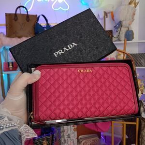PRADA Pink Tessuto Leather Monogram Continental Wallet Zip Box/Authenticity card